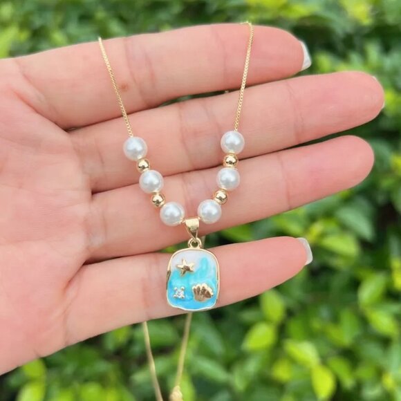 Gold and Blue Necklace with Turquoise Pendant - Picture 2 of 3